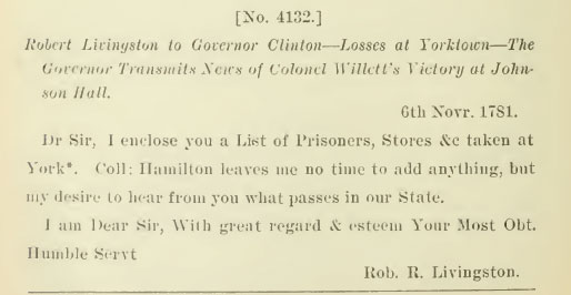 Robert Livingston to George Clinton, November 6, 1781.