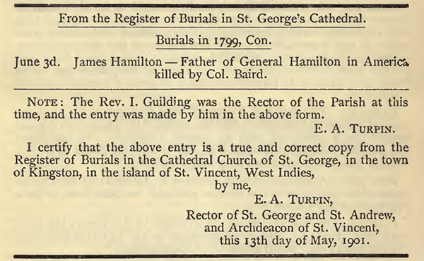 Death of James Hamilton, from the Register of Burial in St. George's Cathedral, St. Vincent, June 3, 1799