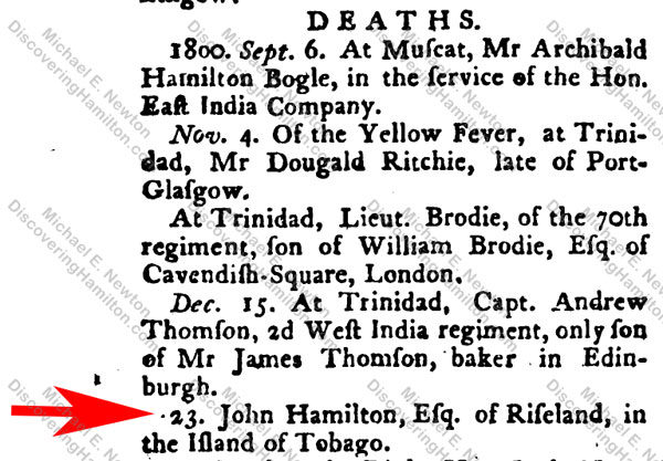 John Hamilton of Tobago death 1800