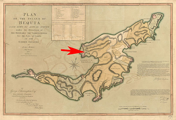 Plan of the Island of Bequia, map, pointing to James Hamilton's No. 18