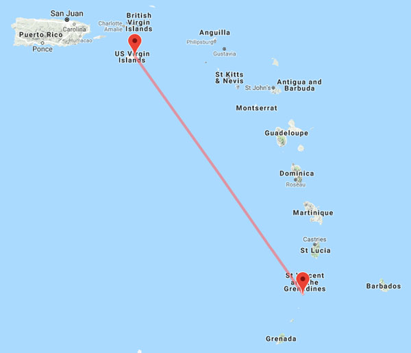 St. Croix to Bequia map