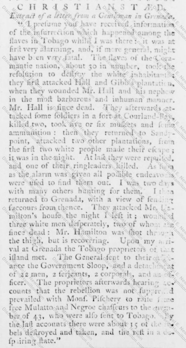 Tobago slave revolt, The Royal Danish American Gazette, masthead, January 23 1771