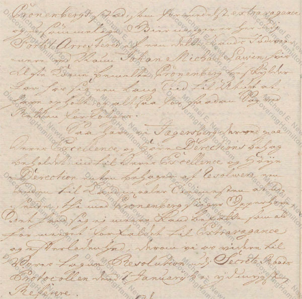 St. Croix Privy Council, March 25, 1750, about Rachel Faucett Lavien and Johan Cronenberg