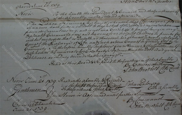 Jemima Faucett Iles petition, Nevis, Jun 21, 1739