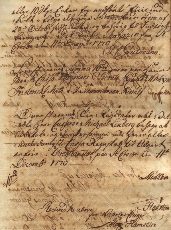 Alexander Hamilton receiving payment from St. Croix Privy Council for Nicholas Cruger, December 1770