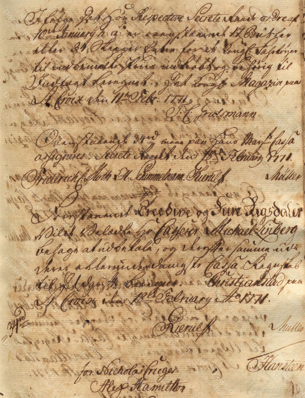 Alexander Hamilton receiving payment from St. Croix Privy Council for Nicholas Cruger, February 1771