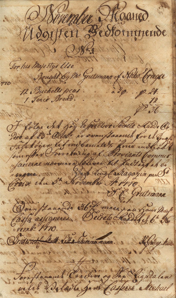 Alexander Hamilton receiving payment from St. Croix Privy Council for Nicholas Cruger, November 1770