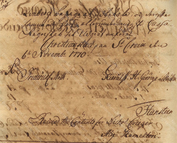 Alexander Hamilton receiving payment from St. Croix Privy Council for Nicholas Cruger, November 1770