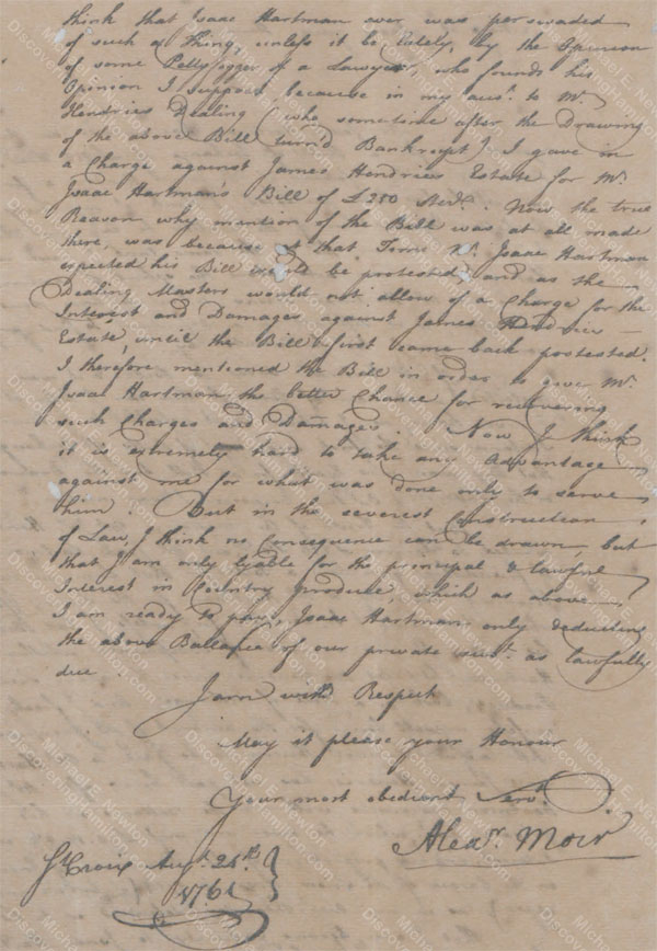 Alexander Moir statement regarding James Hendrie, August 24, 1761