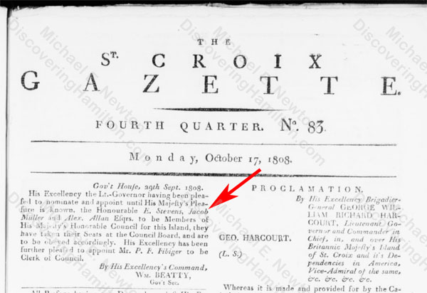 Edward Stevens appointed Member of His Majesty’s Honorable Council for St. Croix, September 29, 1808