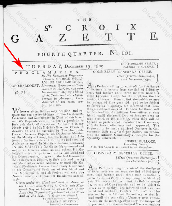 Edward Stevens appointed President of St. Croix, December 19, 1809